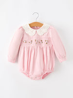 Fall Pink Smocked Baby Girl Bubble Romper Peter Pan Collar Floral Detail by Rylee Faith Designs