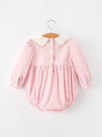 Fall Pink Smocked Baby Girl Bubble Romper Peter Pan Collar Floral Detail by Rylee Faith Designs