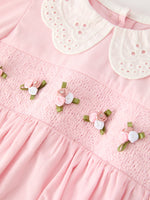 Fall Pink Smocked Baby Girl Bubble Romper Peter Pan Collar Floral Detail by Rylee Faith Designs