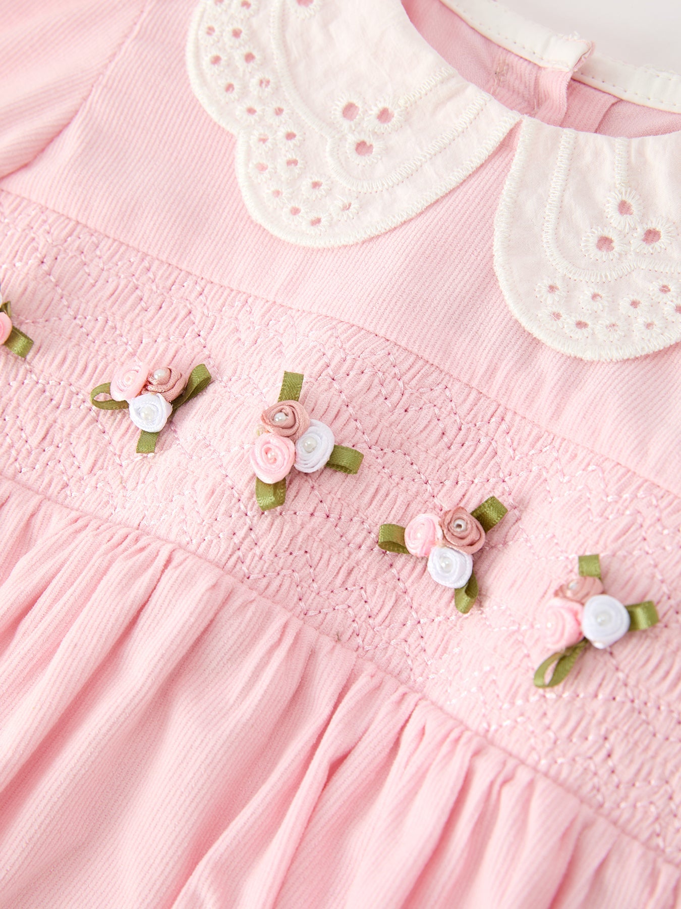Fall Pink Smocked Baby Girl Bubble Romper Peter Pan Collar Floral Detail by Rylee Faith Designs