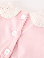 Fall Pink Smocked Baby Girl Bubble Romper Peter Pan Collar Floral Detail by Rylee Faith Designs