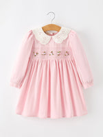 Fall Pink Smocked Girls Dress Peter Pan Collar Long Sleeve Floral Detail by Rylee Faith Designs
