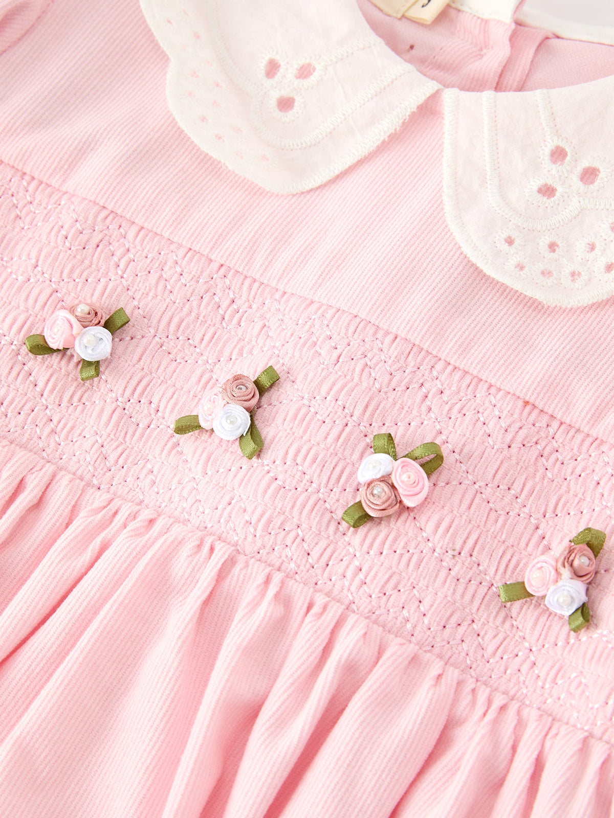 Fall Pink Smocked Girls Dress Peter Pan Collar Long Sleeve Floral Detail by Rylee Faith Designs