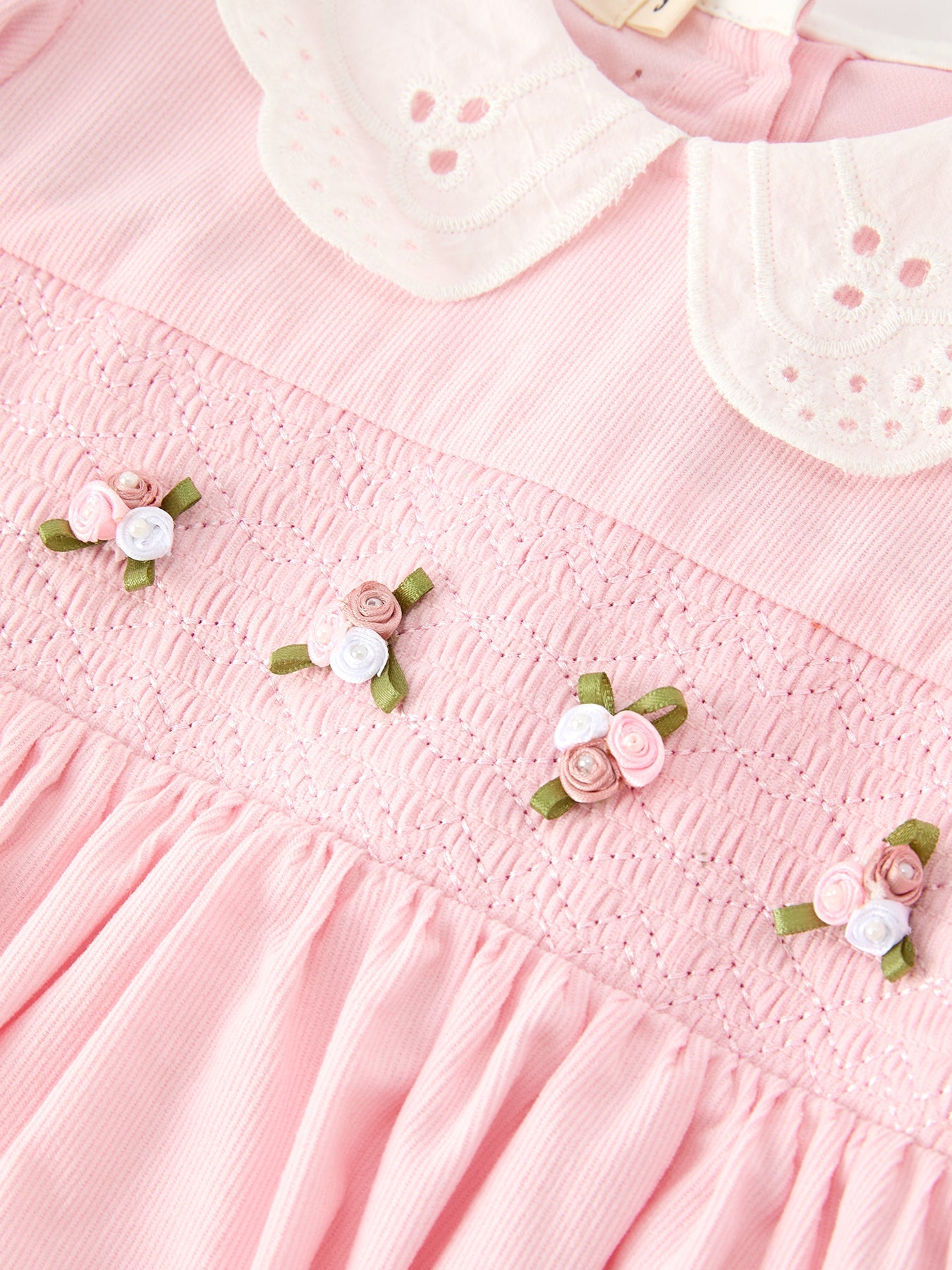 Fall Pink Smocked Girls Dress Peter Pan Collar Long Sleeve Floral Detail by Rylee Faith Designs