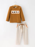 Thanksgiving Boys Embroidered Shirt Gingham Pants Set Fall Outfit by Rylee Faith Designs