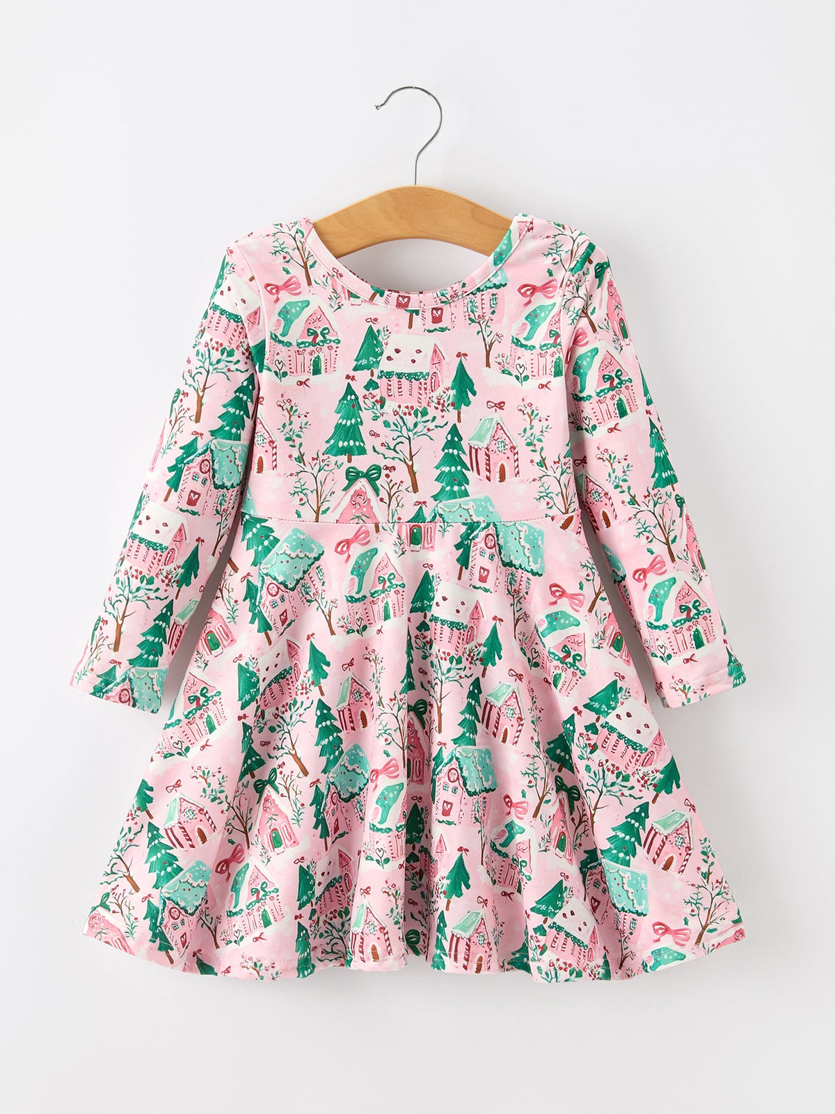 Christmas Girls Pink Holiday Village Print Twirl Dress by Rylee Faith Designs