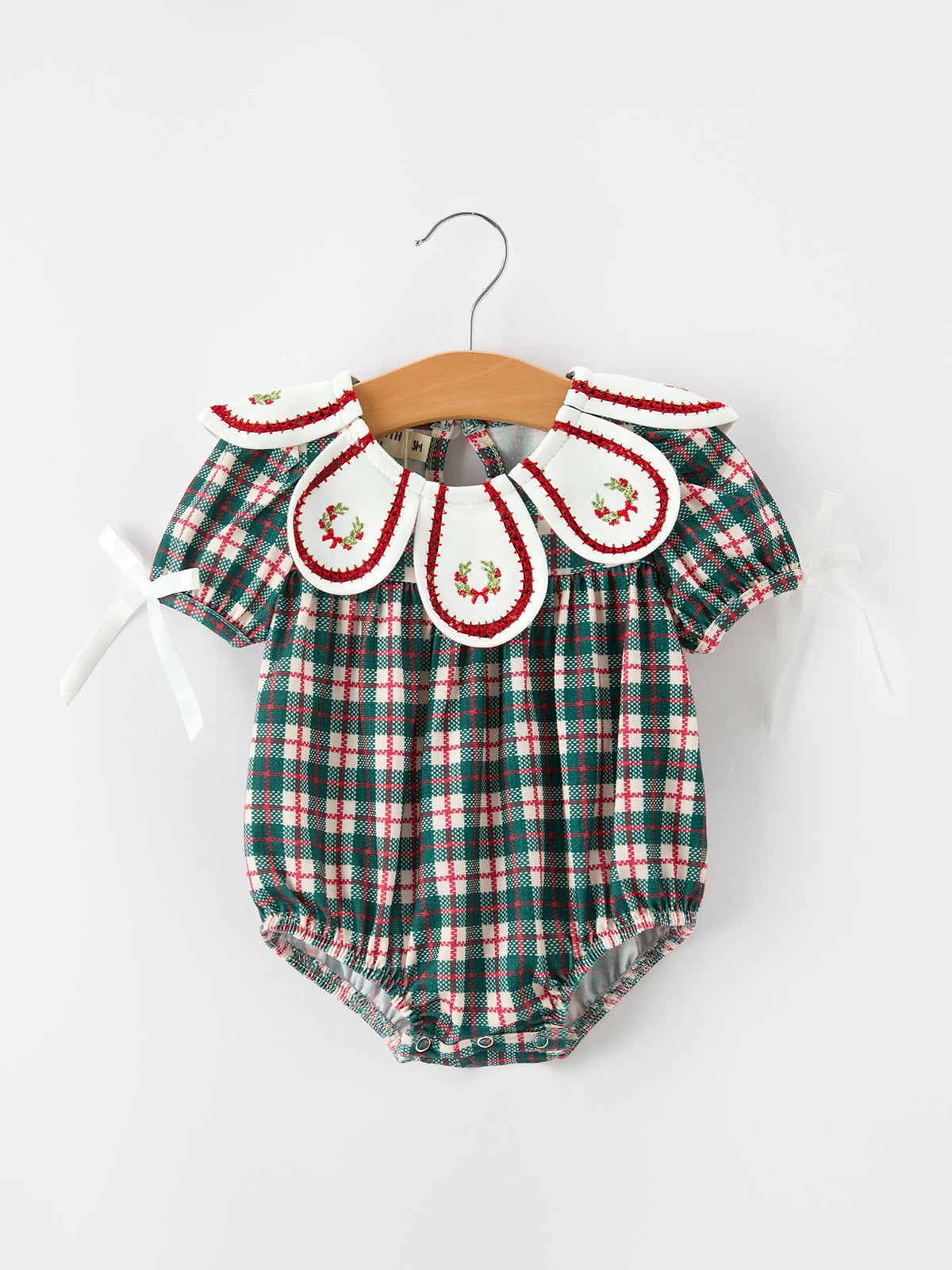 Baby Girl Christmas Plaid Wreath Embroidery Bubble Romper by Rylee Faith Designs