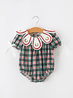 Baby Girl Christmas Plaid Wreath Embroidery Bubble Romper by Rylee Faith Designs