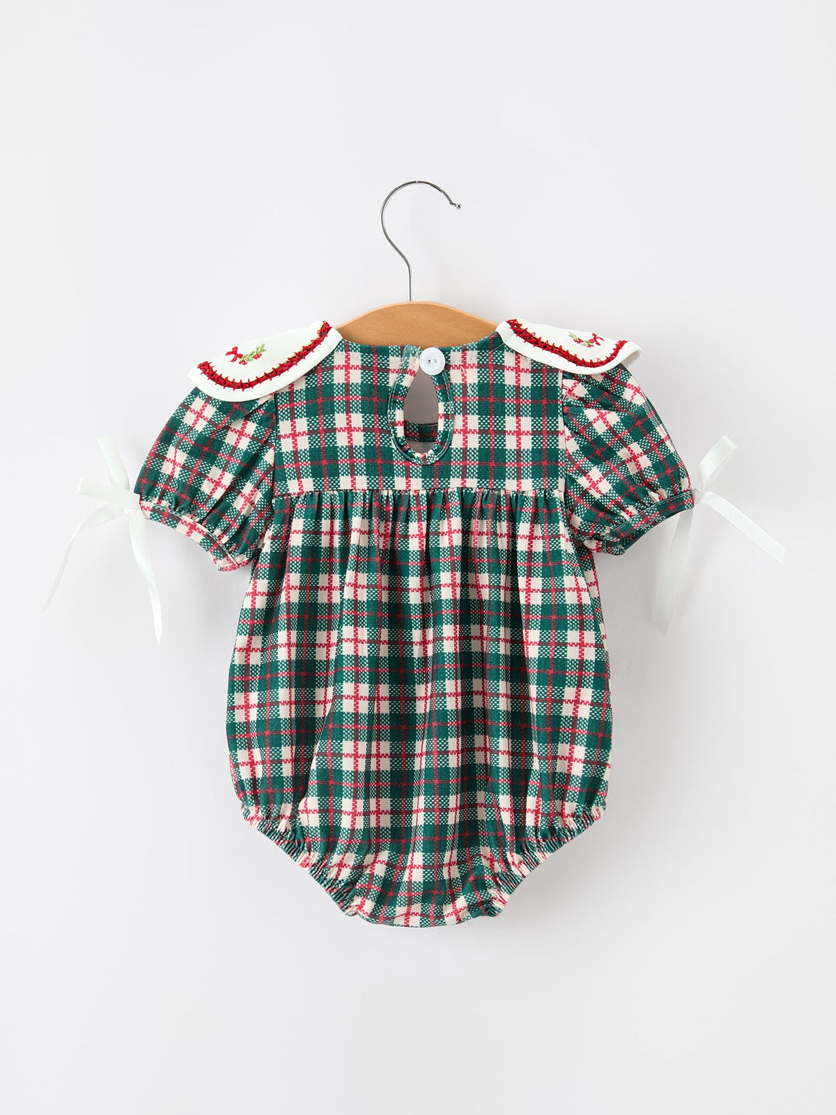 Baby Girl Christmas Plaid Wreath Embroidery Bubble Romper by Rylee Faith Designs