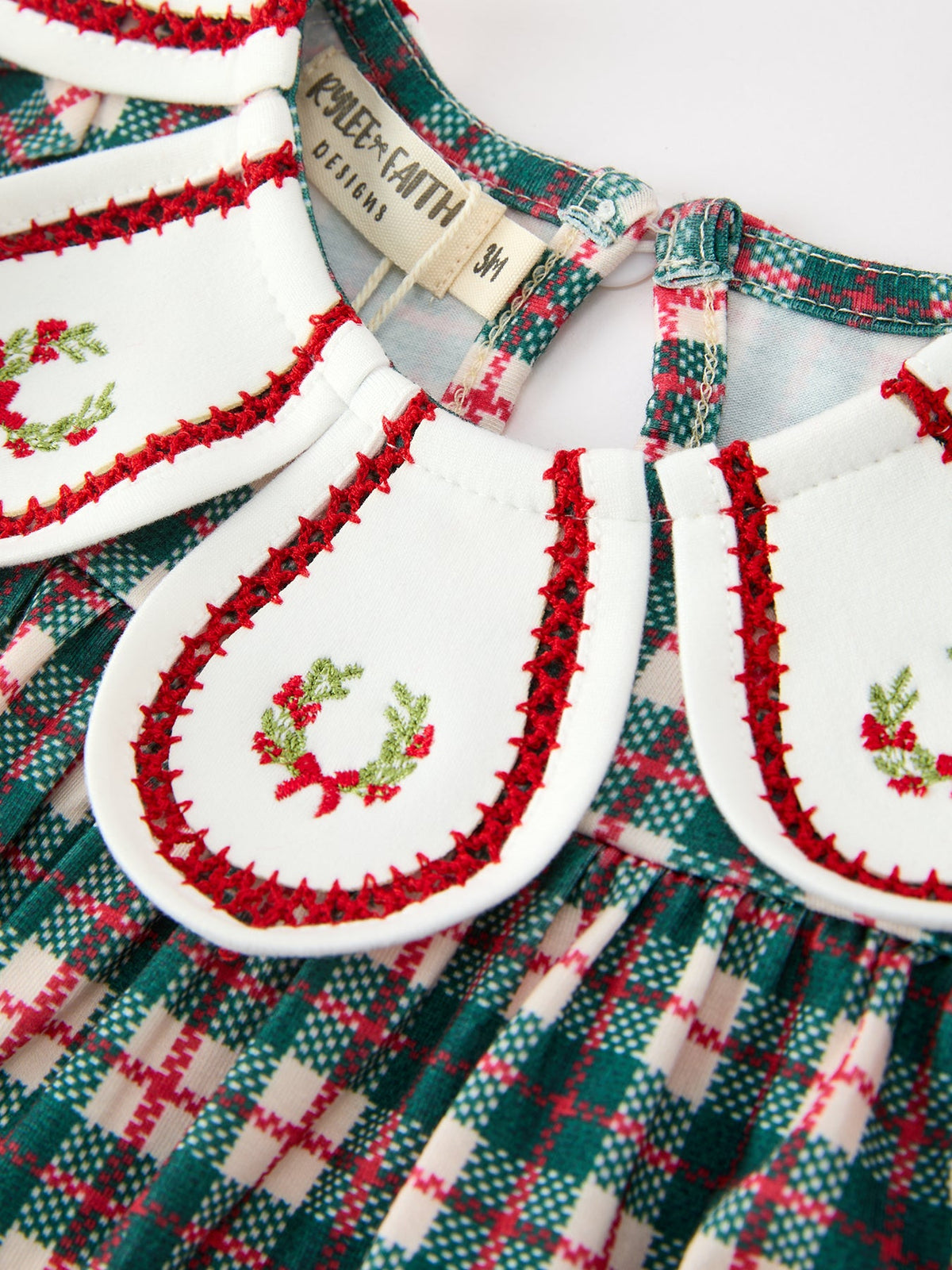 Baby Girl Christmas Plaid Wreath Embroidery Bubble Romper by Rylee Faith Designs