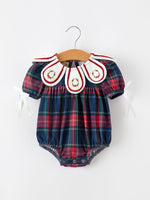 Navy Red Christmas Plaid Wreath Baby Girl Bubble Romper by Rylee Faith Designs