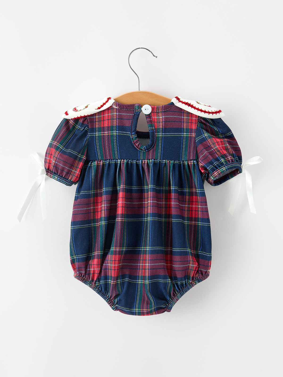 Navy Red Christmas Plaid Wreath Baby Girl Bubble Romper by Rylee Faith Designs