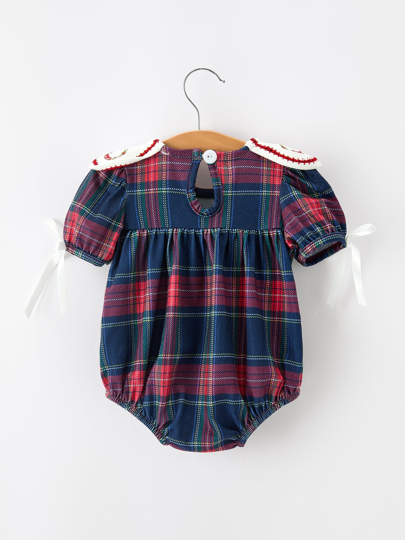 Navy Red Christmas Plaid Wreath Baby Girl Bubble Romper by Rylee Faith Designs