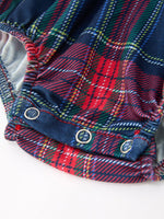 Navy Red Christmas Plaid Wreath Baby Girl Bubble Romper by Rylee Faith Designs
