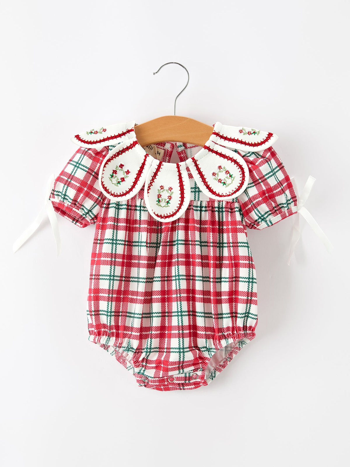 Red Christmas Plaid Wreath Baby Girl Bubble Romper by Rylee Faith Designs