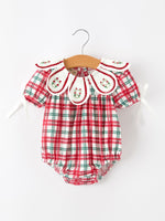 Red Christmas Plaid Wreath Baby Girl Bubble Romper by Rylee Faith Designs