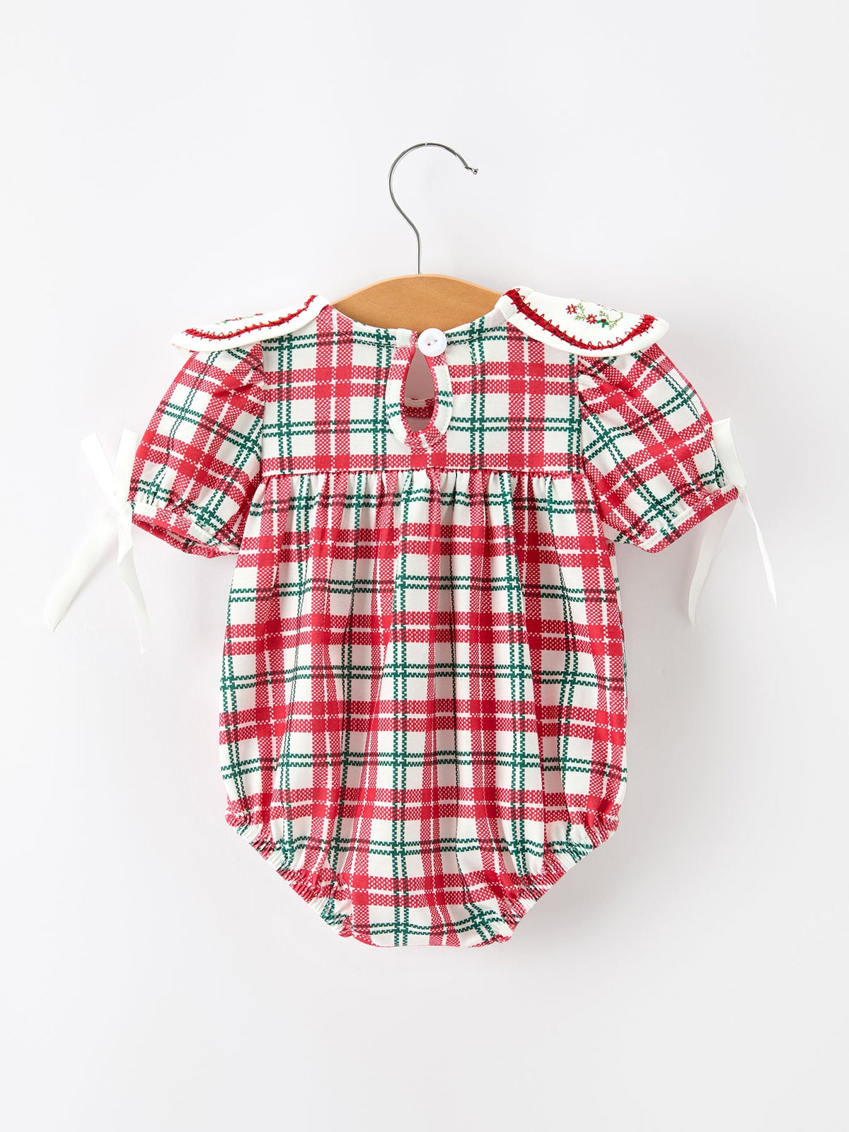 Red Christmas Plaid Wreath Baby Girl Bubble Romper by Rylee Faith Designs