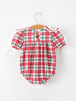 Red Christmas Plaid Wreath Baby Girl Bubble Romper by Rylee Faith Designs