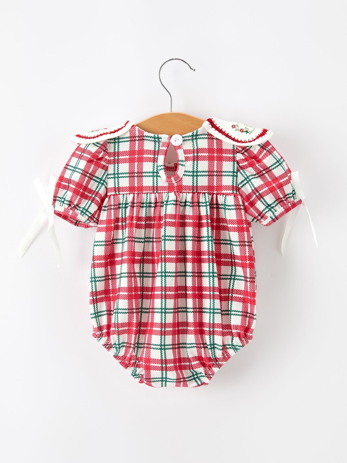 Red Christmas Plaid Wreath Baby Girl Bubble Romper by Rylee Faith Designs