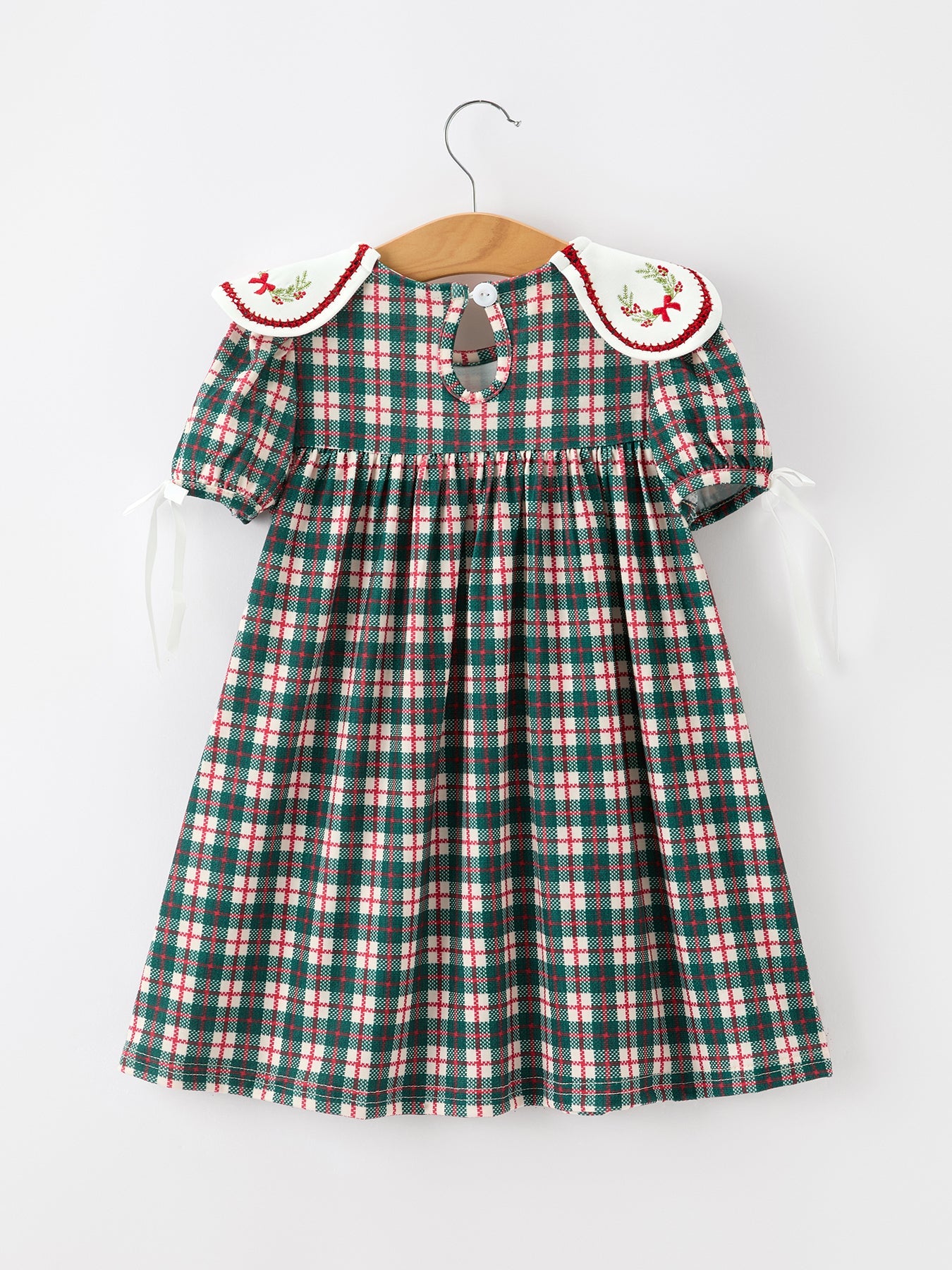 Baby Girl Christmas Plaid Embroidered Dress Wreath Collar by Rylee Faith Designs
