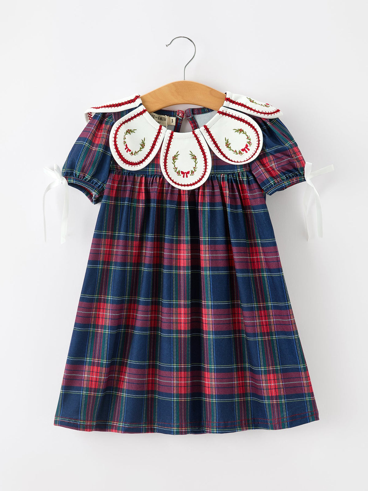 Navy Red Christmas Plaid Wreath Embroidered Girl Dress by Rylee Faith Designs