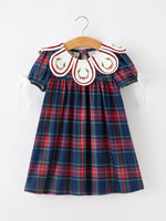 Navy Red Christmas Plaid Wreath Embroidered Girl Dress by Rylee Faith Designs