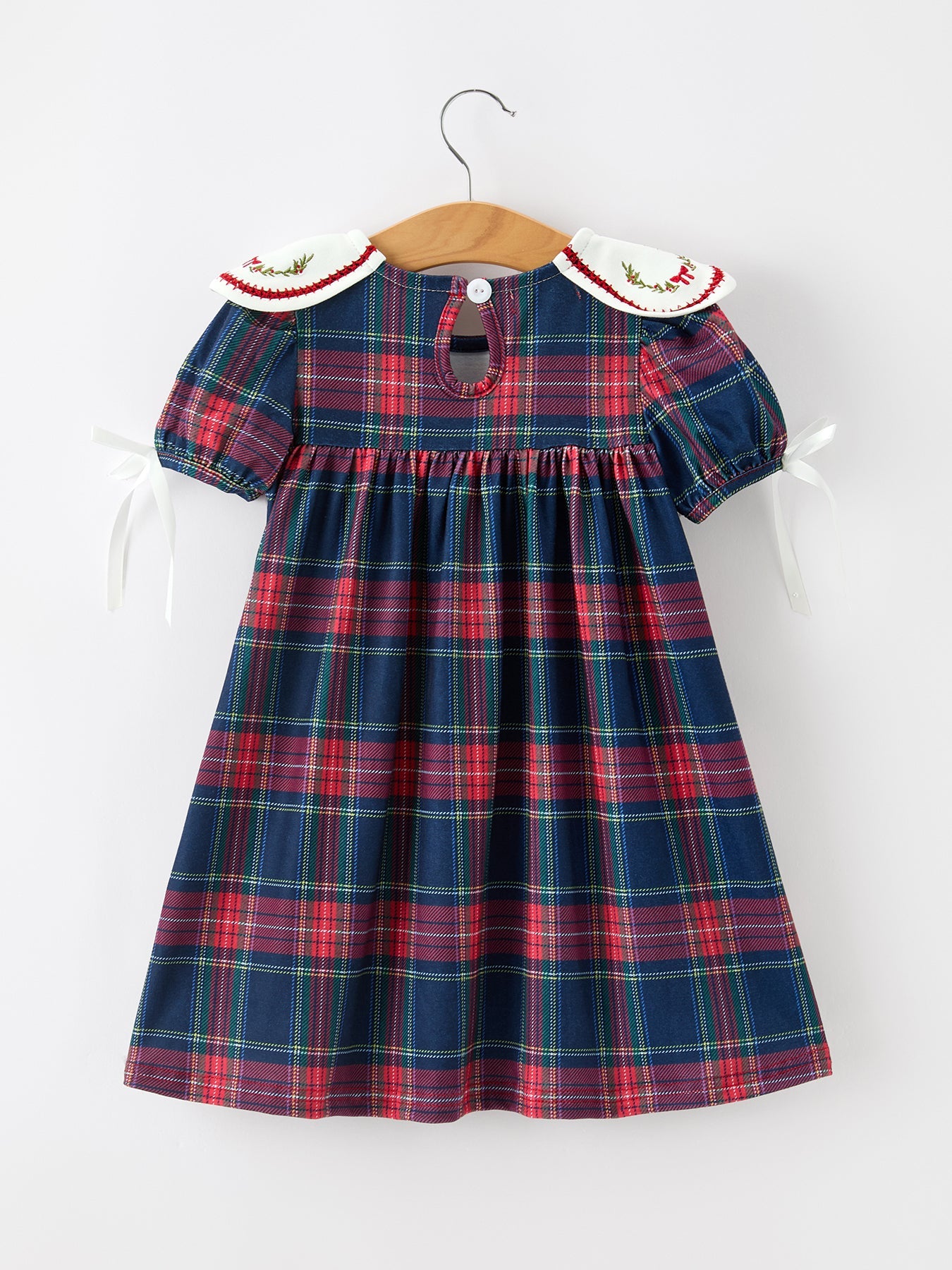 Navy Red Christmas Plaid Wreath Embroidered Girl Dress by Rylee Faith Designs