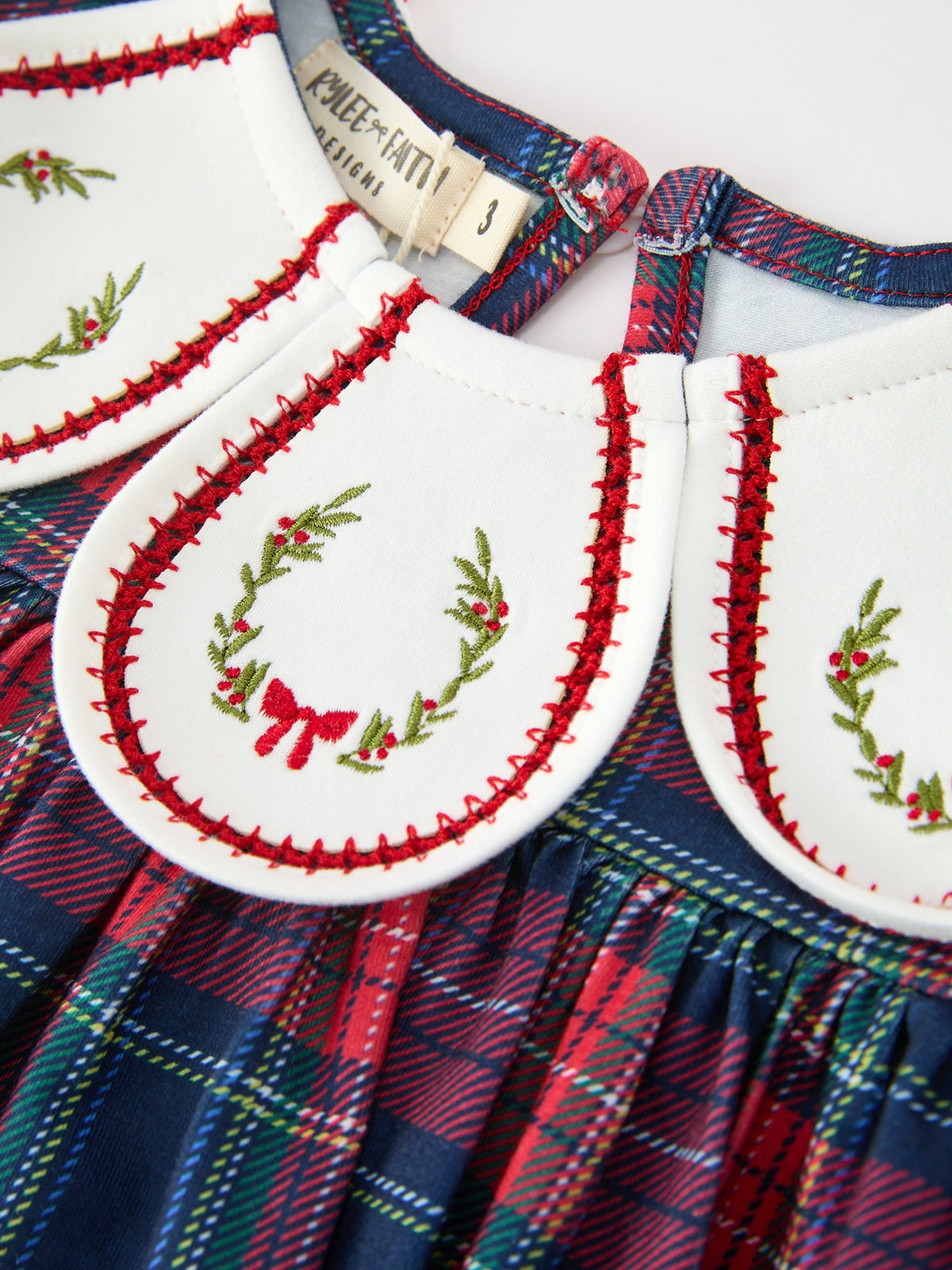 Navy Red Christmas Plaid Wreath Embroidered Girl Dress by Rylee Faith Designs