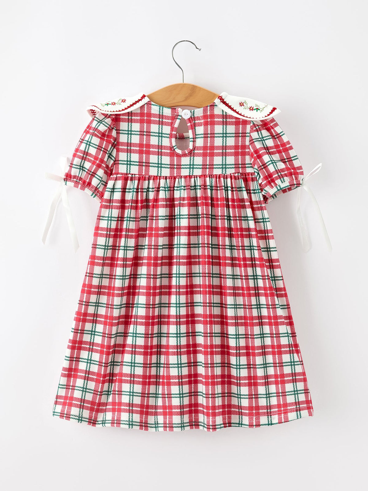 Red Christmas Plaid Wreath Embroidered Girl Dress by Rylee Faith Designs