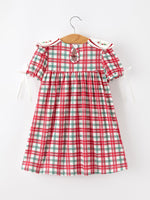 Red Christmas Plaid Wreath Embroidered Girl Dress by Rylee Faith Designs