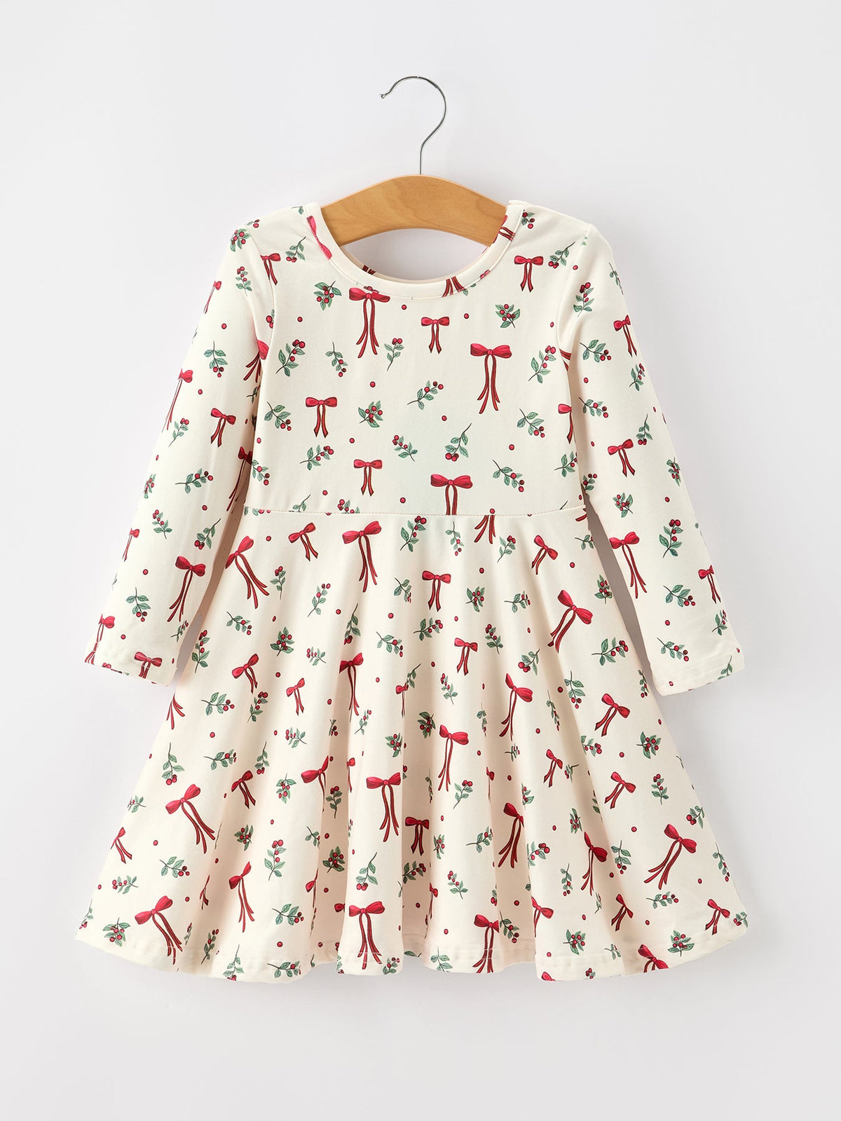 Girls Christmas Bow & Berry Print Twirl Dress by Rylee Faith Designs