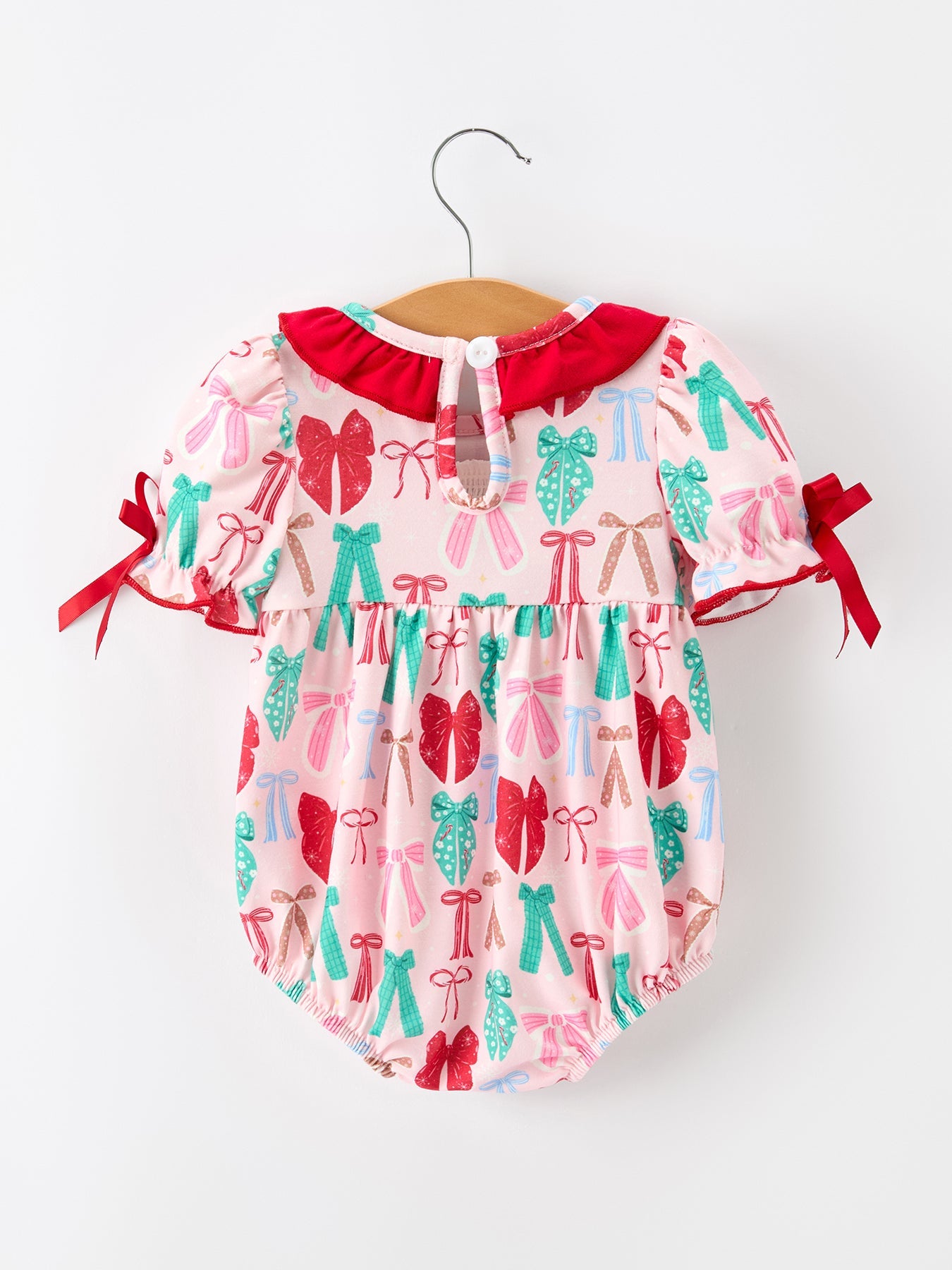Baby Girl Christmas Smocked Bubble Romper Bow Print by Rylee Faith Designs