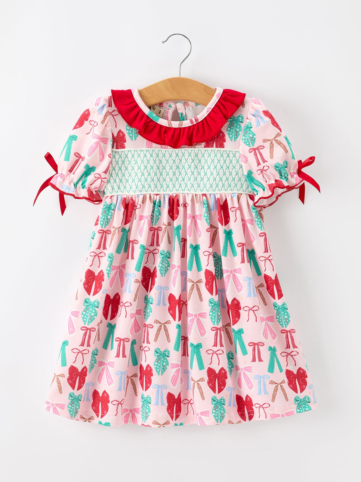 Girl Christmas Smocked Dress Red Green Bow Holiday Party Dress by Rylee Faith Designs