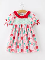 Girl Christmas Smocked Dress Red Green Bow Holiday Party Dress by Rylee Faith Designs