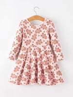 Christmas Girls Gingerbread Print Twirl Long Sleeve Dress by Rylee Faith Designs