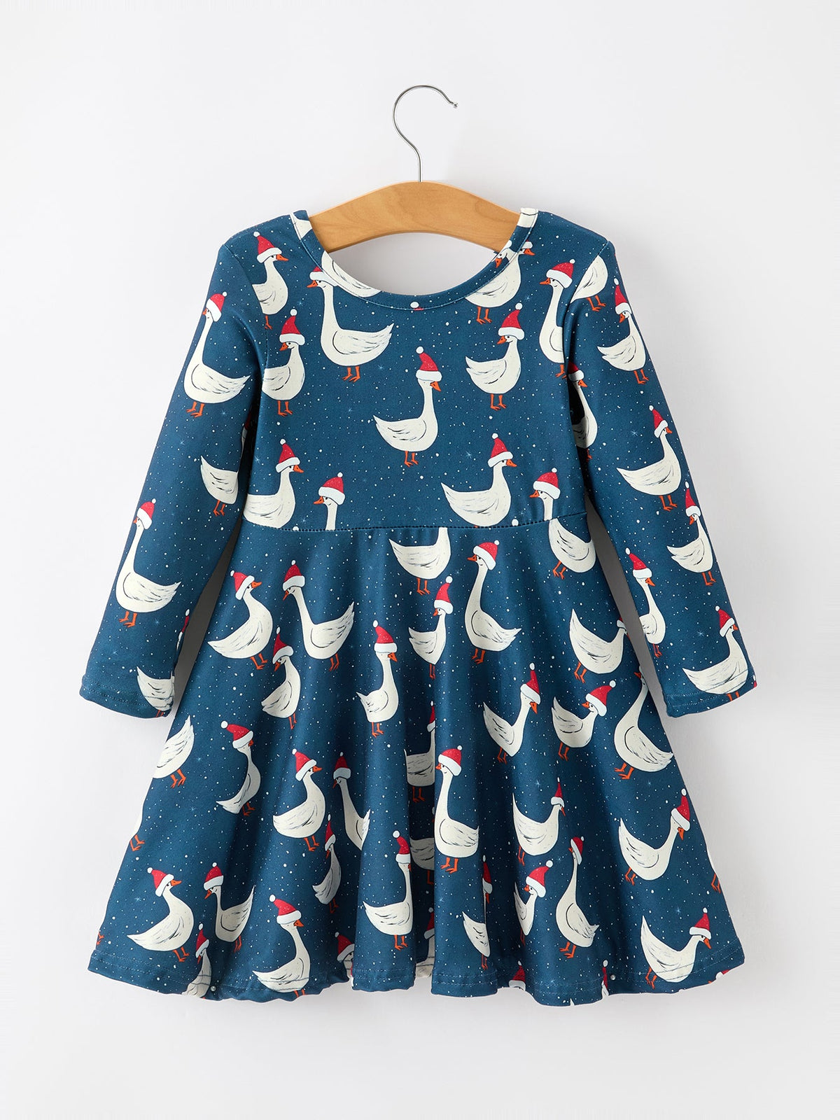 Christmas Girls Goose Twirl Dress Navy Long Sleeve Dress by Rylee Faith Designs