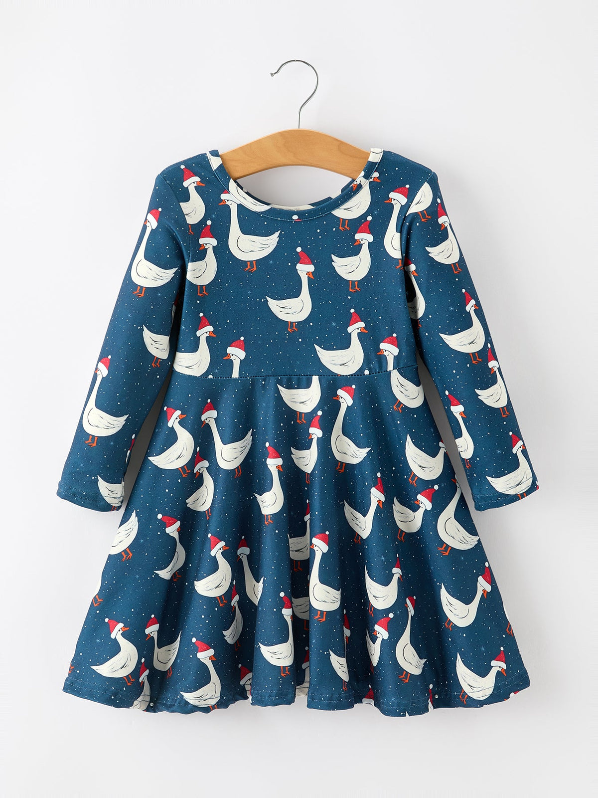 Christmas Girls Goose Twirl Dress Navy Long Sleeve Dress by Rylee Faith Designs