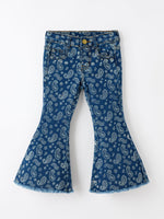 Girls Denim Bell Bottom Pants Decorative Print Flare Jeans by Rylee Faith Designs