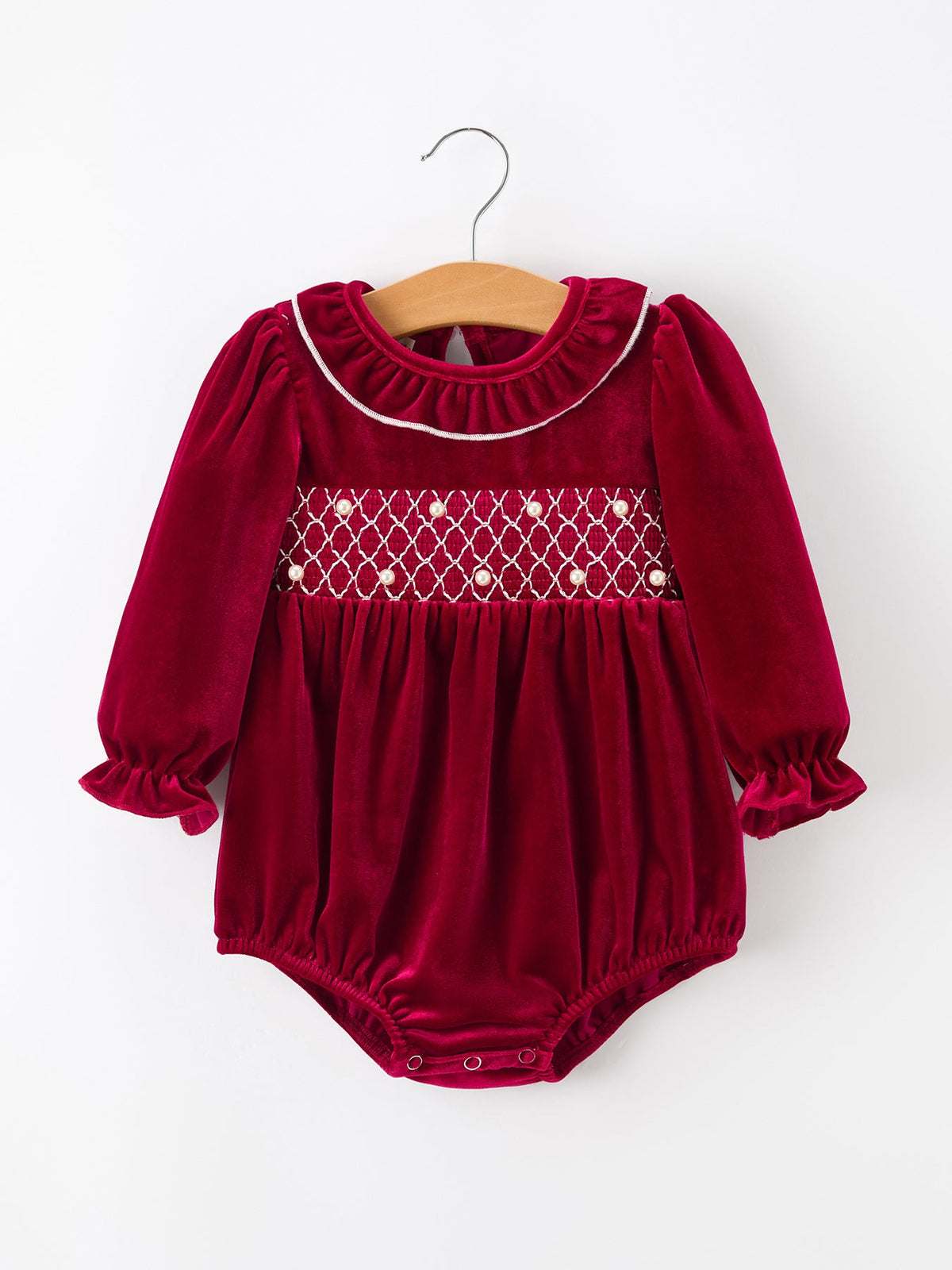 Christmas Velvet Smocked Baby Bubble Romper with Pearl Detail by Rylee Faith Designs