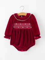 Christmas Velvet Smocked Baby Bubble Romper with Pearl Detail by Rylee Faith Designs