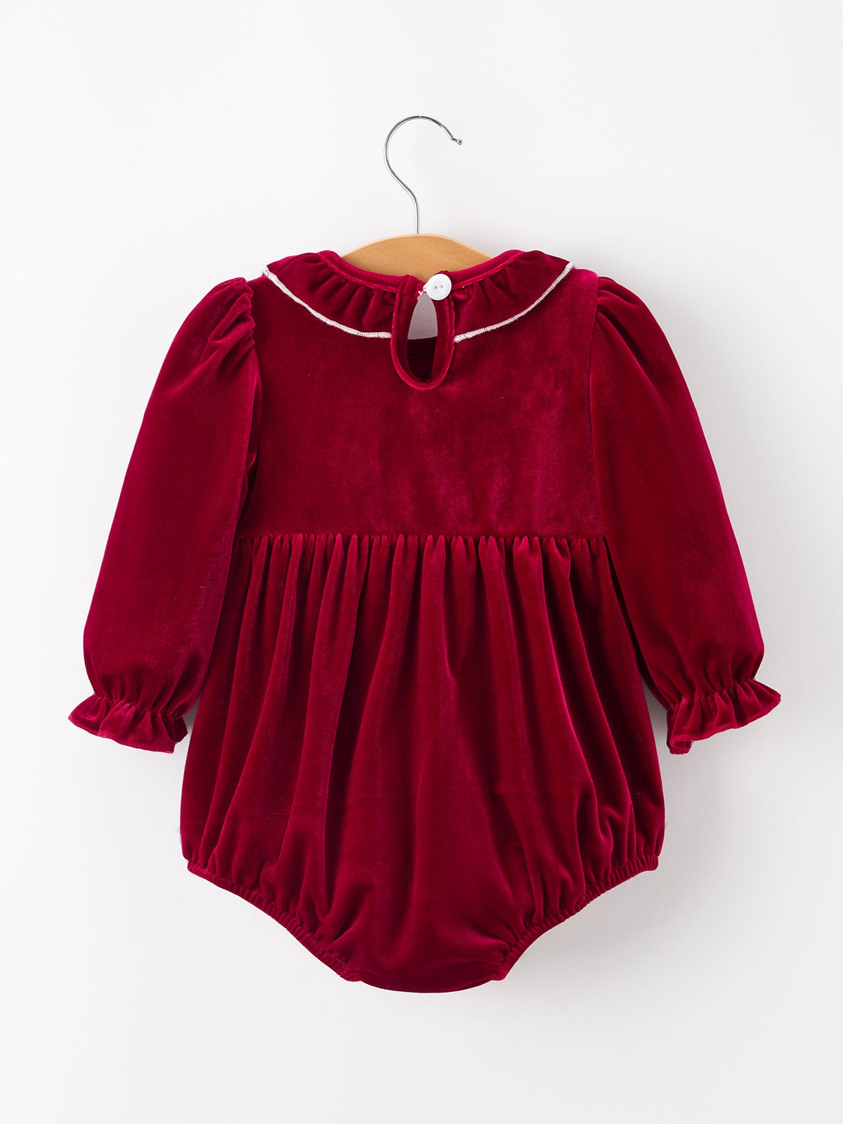 Christmas Velvet Smocked Baby Bubble Romper with Pearl Detail by Rylee Faith Designs