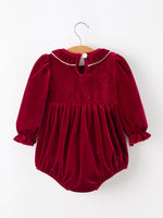 Christmas Velvet Smocked Baby Bubble Romper with Pearl Detail by Rylee Faith Designs