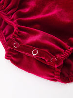 Christmas Velvet Smocked Baby Bubble Romper with Pearl Detail by Rylee Faith Designs