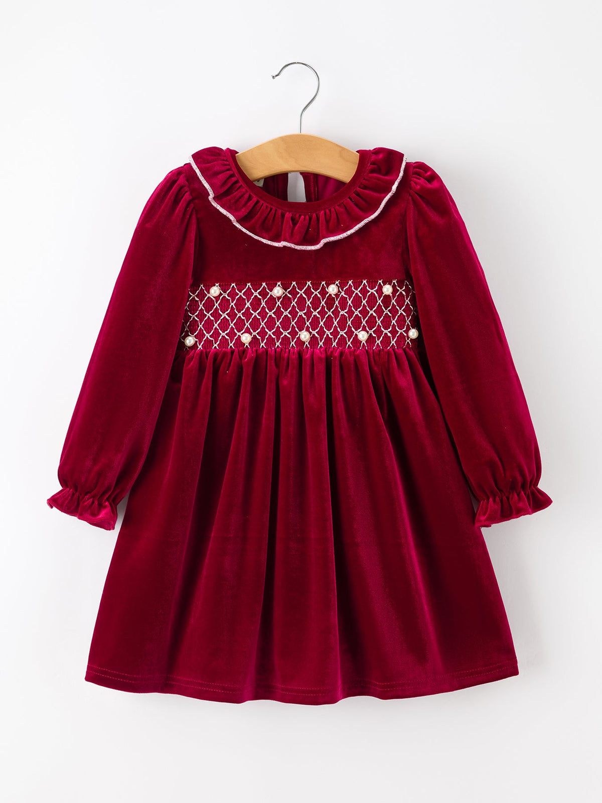 Christmas Velvet Smocked Girls Dress with Pearl Detail by Rylee Faith Designs