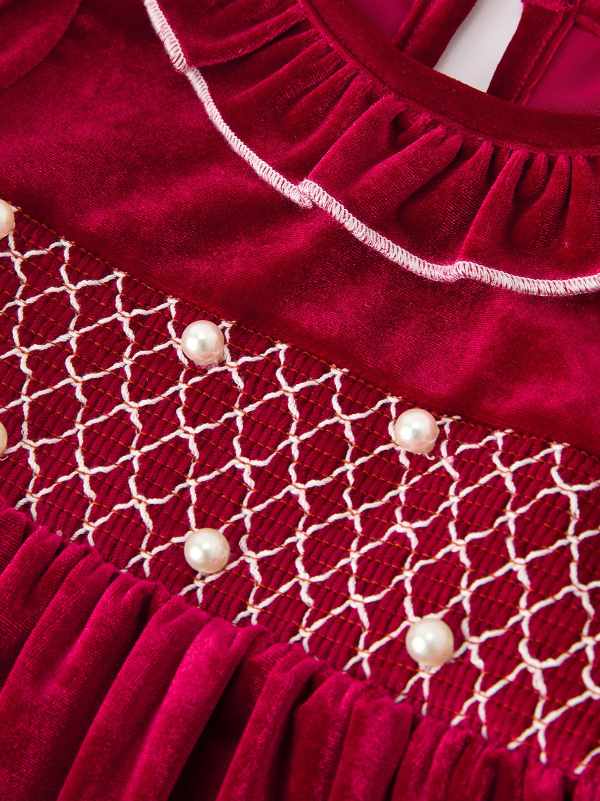 Christmas Velvet Smocked Girls Dress with Pearl Detail by Rylee Faith Designs