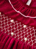 Christmas Velvet Smocked Girls Dress with Pearl Detail by Rylee Faith Designs