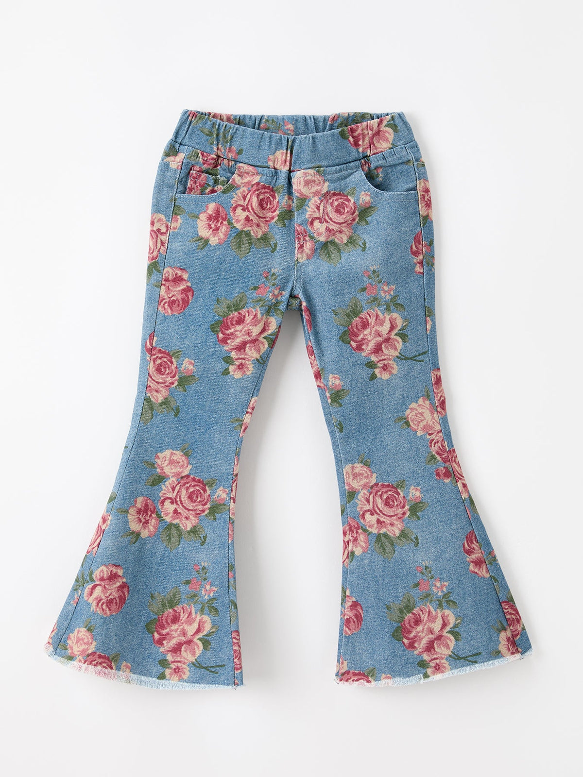 Girls Floral Denim Bell Bottom Pants Rose Print Flare Jeans by Rylee Faith Designs