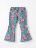 Girls Floral Denim Bell Bottom Pants Rose Print Flare Jeans by Rylee Faith Designs
