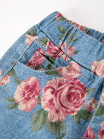 Girls Floral Denim Bell Bottom Pants Rose Print Flare Jeans by Rylee Faith Designs