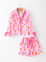 Halloween Pumpkin Ghost Print Girls Pajama Set Long Sleeve Top and Shorts by Rylee Faith Designs